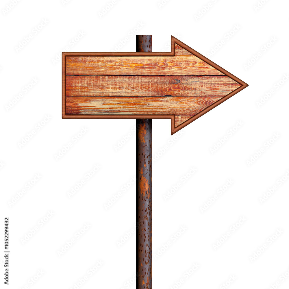 Poster empty marksman's sign made from rough planks hangs on rusty pole. direction indicator. arrow sign is
