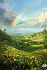 Lush Irish Landscape for St. Patrick's Day Card Design with Rainbow and Wildflowers