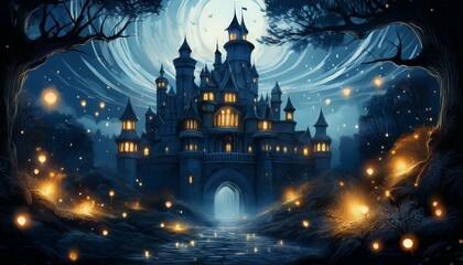 Enchanted castle at night