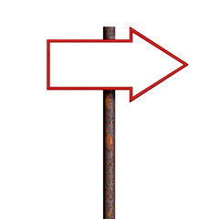 Fototapeta premium Blank red shooter sign hanging on rusty pole. Direction indicator. Arrow sign isolated on white