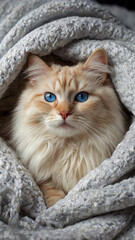 Fluffy White Cat with Blue Eyes Wrapped in Cozy Blanket
