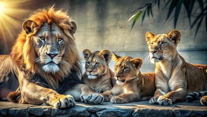 Black and White Minimalist Lion Family Photography - Majestic and Timeless Wildlife Art