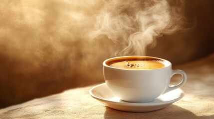 Obraz premium Coffee: A steaming cup of coffee, freshly brewed, with a rich aroma rising from the cup, set against a cozy, inviting background.