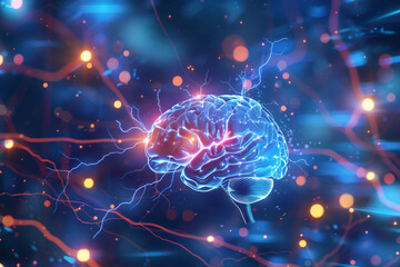 Fototapeta premium Stylized digital image of a glowing human brain with neural connections.