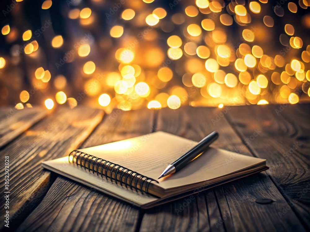 Poster blank closed notebook with bokeh effect for creative writing inspiration and journaling