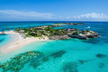 Fototapeta premium Aerial view of a tropical island with white sandy beaches and crystal-clear water in a sunny coastal paradise