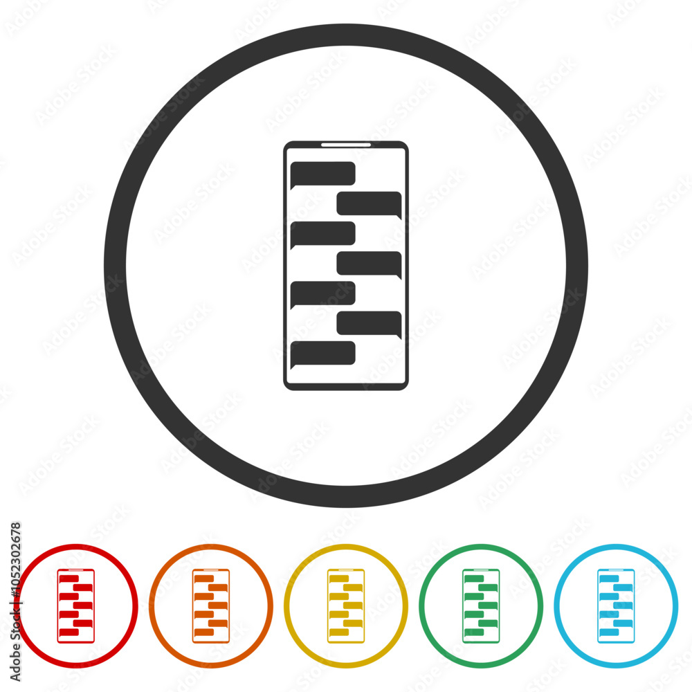 Poster mobile screen with chat message icon. set icons in color circle buttons