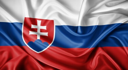 Waving Slovakian flag with coat of arms on fabric texture.