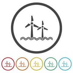 Round Wind Turbines at the Sea icon. Set icons in color circle buttons