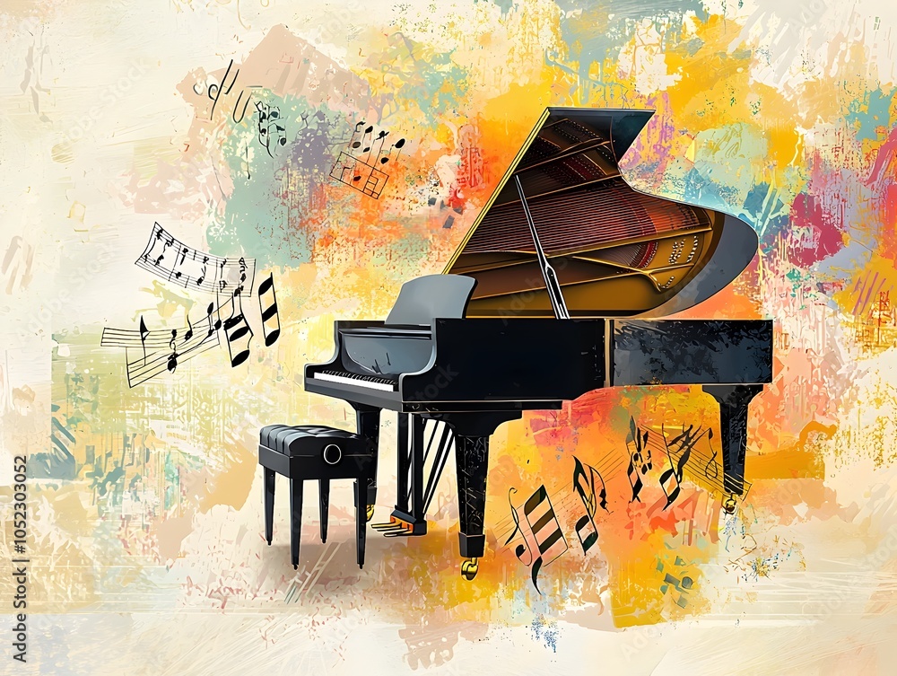 Poster vibrant musical performance with floating piano and abstract patterns