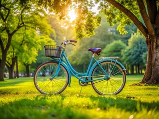 Fototapeta premium Blue Bicycle in Garden Park Setting - Ideal for Cycling and Outdoor Activities