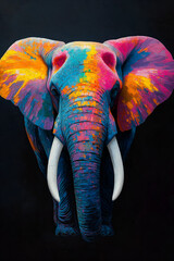 An African elephant with colorful, vibrant colors against a black background made in a digital art style, Oil painting effects, Poster design and picture design, Wall painting design