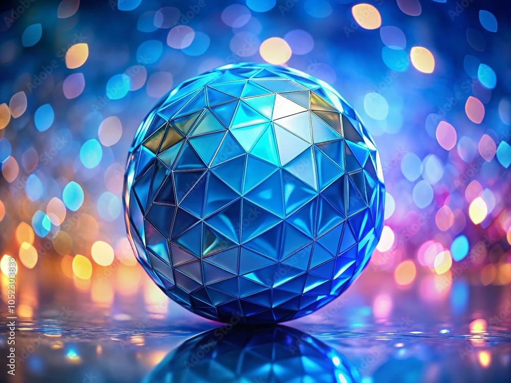 Poster blue polygonal triangle sphere on a glowing background with bokeh effect for abstract art and design