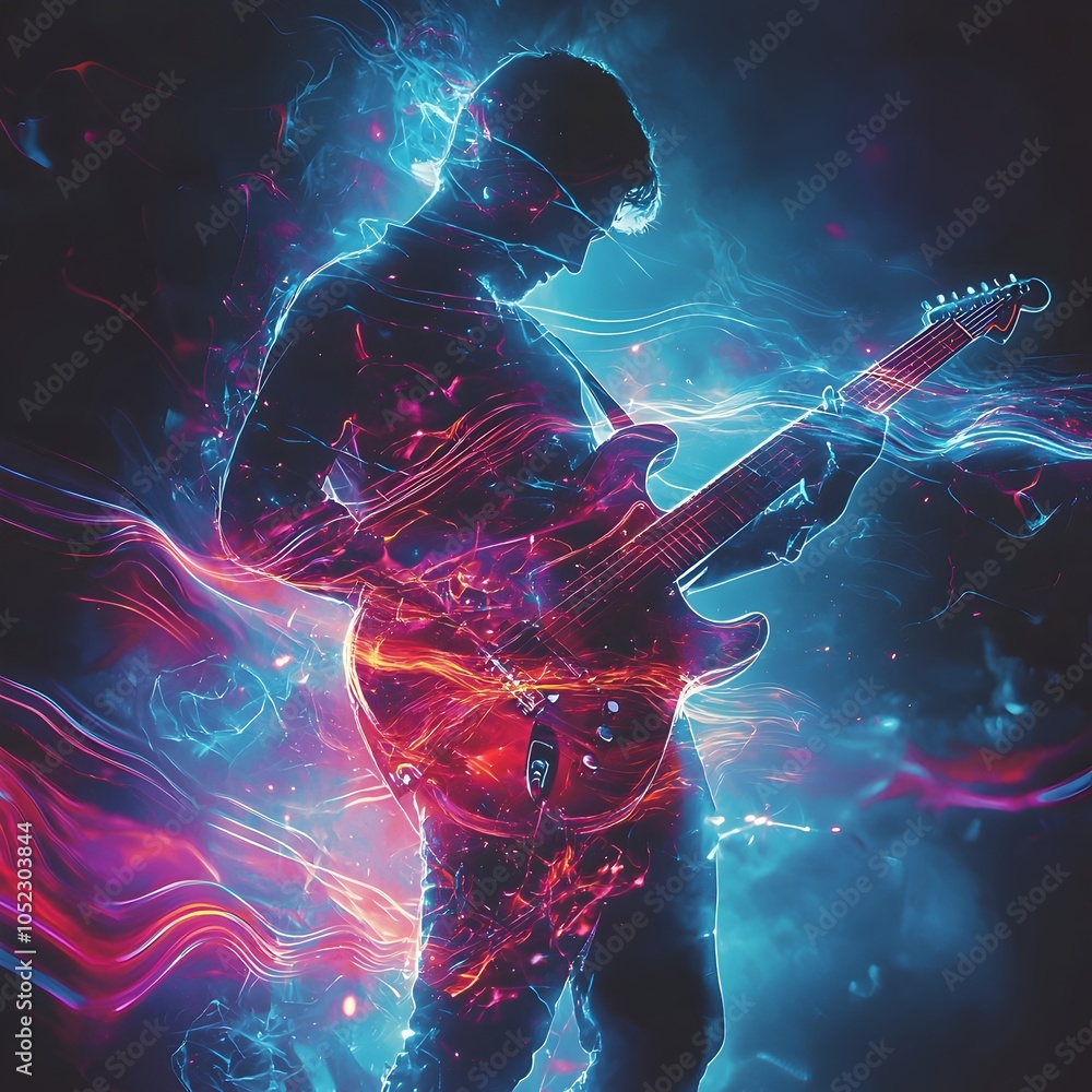 Poster electrifying guitarist on stage with glowing digital waves bursting from strings in futuristic perfo