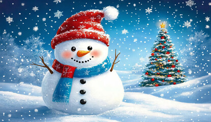 Obraz premium Cute snowman in red hat and blue scarf stands on background of Christmas tree.