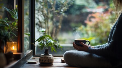 Coffee and meditation: A serene setting where someone enjoys coffee as part of a morning meditation or mindfulness routine, focusing on the sensory experience and relaxation.