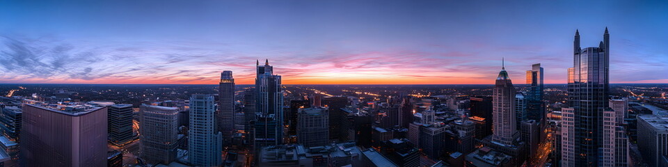 Fototapeta premium A city skyline at sunset with the sun setting behind the buildingsOhio,