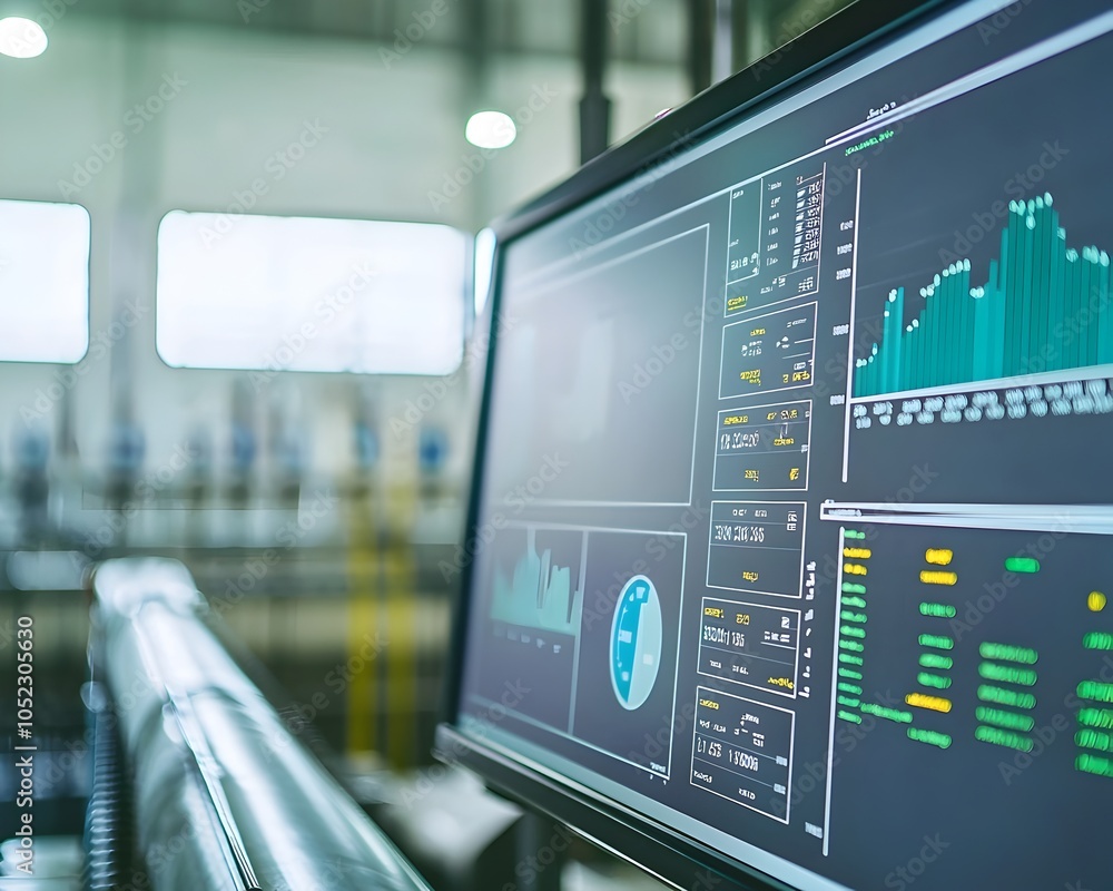 Poster high tech dashboard monitoring real time wastewater treatment processes with graphs charts and purit