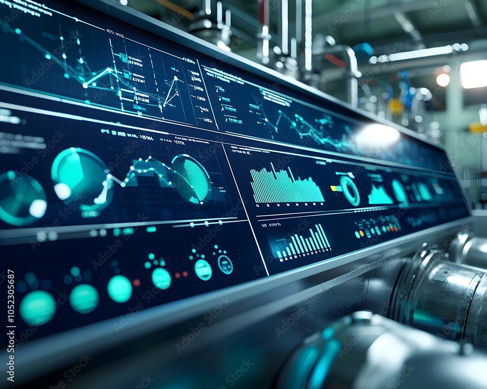 Poster high tech digital dashboard monitoring wastewater treatment processes with real time graphs and metr