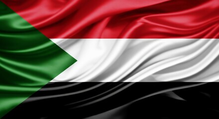 Sudan national flag with red, white, black stripes and green triangle.