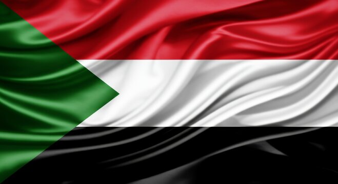 Sudan national flag with red, white, black stripes and green triangle.