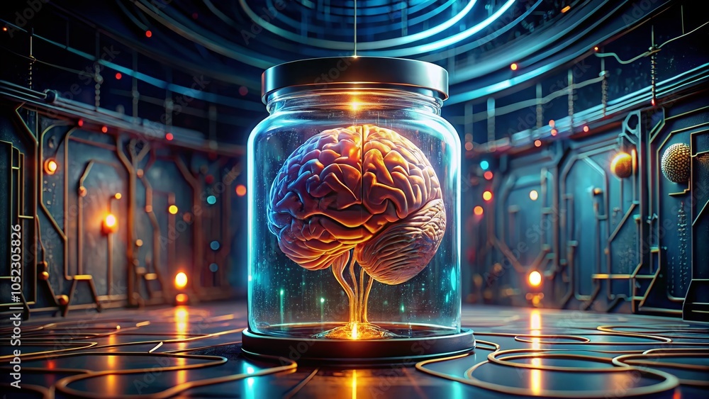 Aufkleber brain in a jar - surreal science fiction concept with high dynamic range imagery for futuristic them