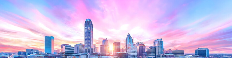 Fototapeta premium A city skyline with a pink and purple sky