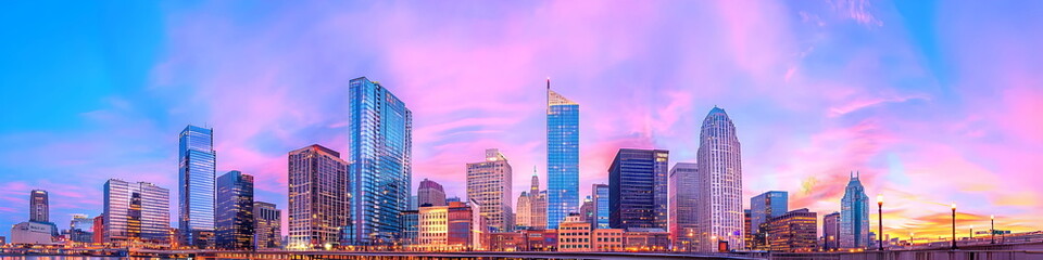 Fototapeta premium A city skyline with a purple sky in the background