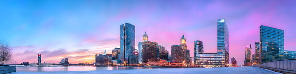 Obraz premium A city skyline with a large body of water in the background