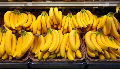 A bunch of bananas in the shelf of a store, shop, fruit