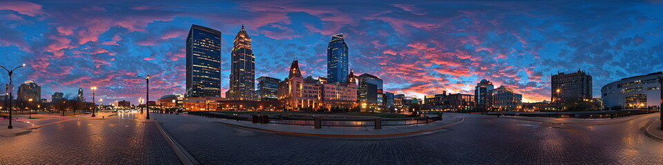 Obraz premium A city skyline with a beautiful sunset in the background