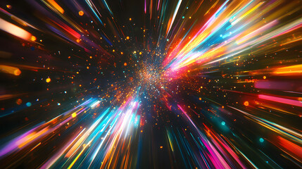 Obraz premium Colorful vector illustration of a fast car speeding through a neon-lit night road, leaving a trail of bright light and energy