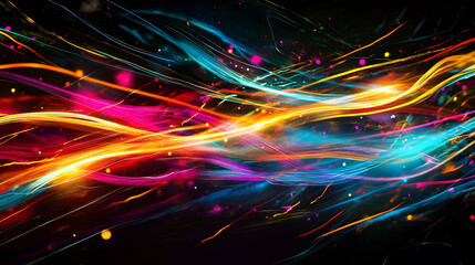 Colorful vector illustration of a fast car speeding through a neon-lit night road, leaving a trail of bright light and energy