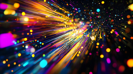 Colorful vector illustration of a fast car speeding through a neon-lit night road, leaving a trail of bright light and energy