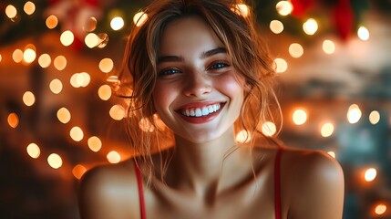 A woman with a red dress is smiling at the camera. The image has a festive and joyful mood