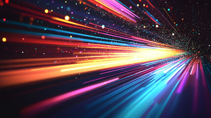 Fototapeta premium Colorful vector illustration of a fast car speeding through a neon-lit night road, leaving a trail of bright light and energy