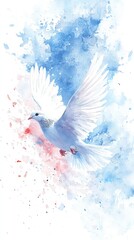 Fototapeta premium A graceful dove in flight blends soft blue and white hues, symbolizing peace and freedom amid a dreamy watercolor backdrop.