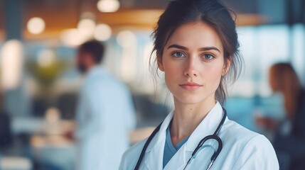 Obraz premium A confident young female doctor in a white coat, with a stethoscope around her neck standing in a private healthcare facility, looking directly at the camera. The background shows blurred colleagues e