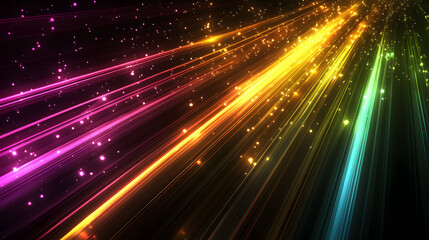 Fototapeta premium Colorful vector illustration of a fast car speeding through a neon-lit night road, leaving a trail of bright light and energy