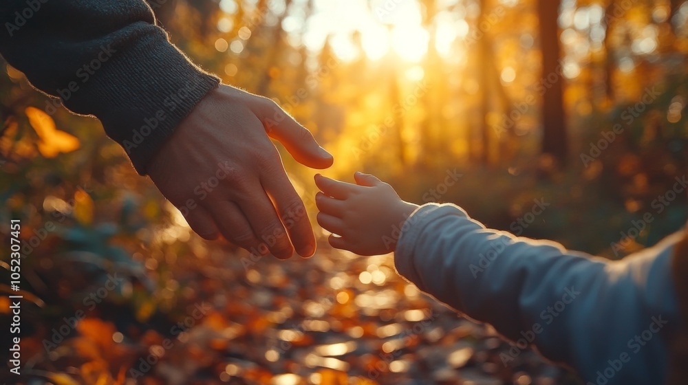 Poster in a serene forest during autumn, a parent reaches out to a small child's hand, both illuminated by 