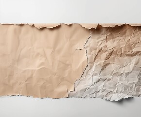 Close-up of beige and white torn paper layers with rough, crumpled textures, creating a minimalist and rustic visual contrast against a plain background.