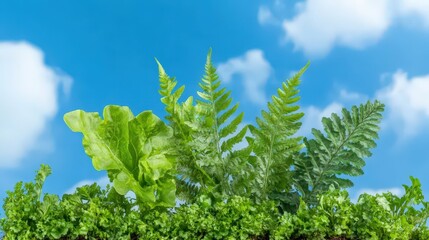 Lush Green Ferns and Lettuce Against Blue Sky with Clouds