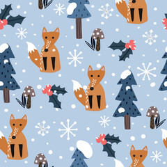 Seamless vector pattern with cute hand drawn polar foxes, pine trees and snowy winter woodland on  blue background. Perfect for textile, wallpaper or print design.
