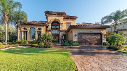 Fototapeta premium luxury house with gorgeous landscaping on a sunny day, showcasing elegant home exterior, stunning garden design, and modern property features