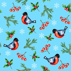 Winter seamless pattern of bullfinches, Christmas tree branches and red berries on blue background. Watercolour illustration design