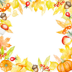 Autumn watercolour frame of autumn botanical elements on white background with copy space. Water colour illustration