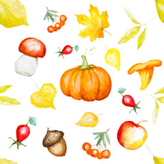Autumn watercolour seamless pattern of botanic elements. Watercolour illustration design