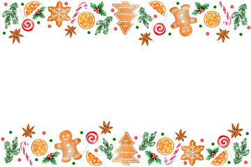 Horizontal Christmas frame of ginger cookies, candy and Christmas tree branches on white background with copy space. Watercolour illustration.