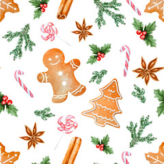 Christmas watercolour illustration design. Seamless pattern of Christmas gingerbread cookies.
