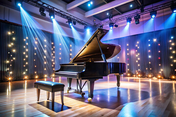 A steinway piano on a balcony overlooking a city skyline at dusk, blue and purple hues in the sky, a glass of wine beside it, and soft string lights glowing above.

